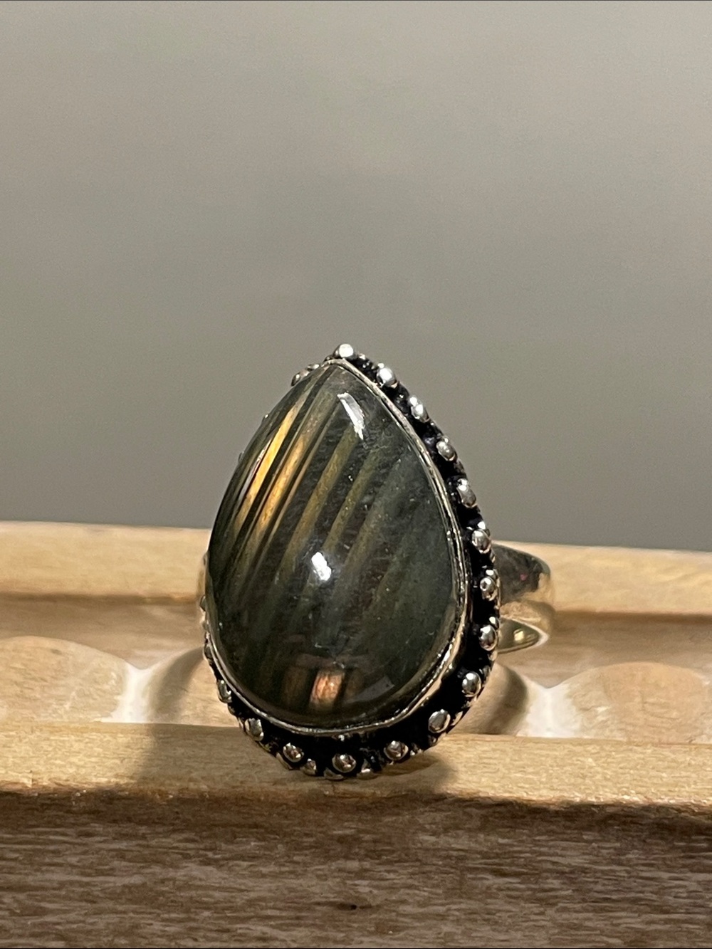 Silver Plated Teardrop Labradorite Ring